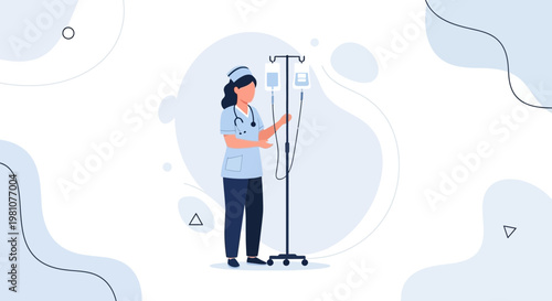 Nurse Adjusting IV Drip Stand in Modern Medical Clinic with Abstract Background