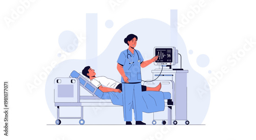 Nurse monitoring patient's vital signs on a medical monitor in a hospital room.
