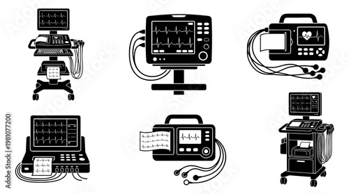 ekg machine silhouette vector set