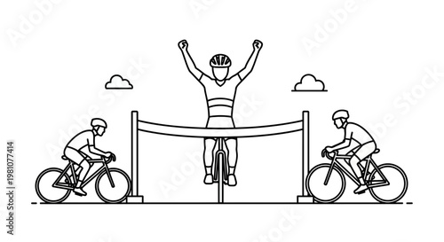 Winning cyclist crossing finish line in bicycle race line art