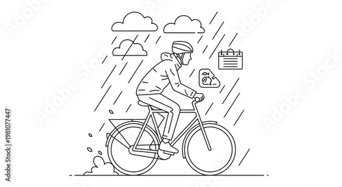 Line art illustration of a man riding a bicycle in the rain