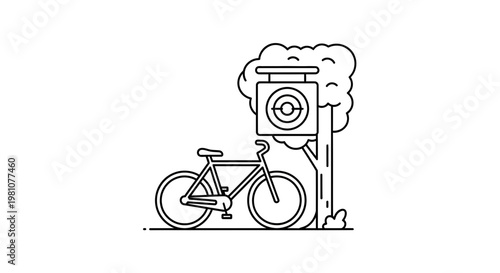 Bicycle Rest Stop and Trail Marker Line Art Vector Illustration