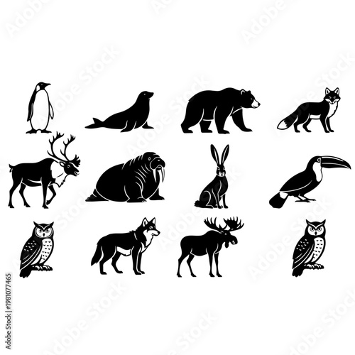 Wild animal silhouette collection featuring arctic and forest creatures like penguin bear seal fox owl and moose for nature education wildlife documentary branding and conservation awareness posters.
