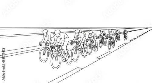 Professional Cycling Peloton Training on Road Vector Line Art