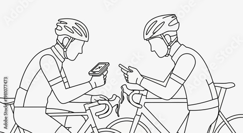 Two Cyclists Using Mobile Phones for Route Navigation Line Art