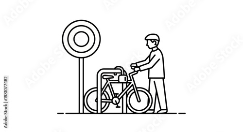 Secure Bicycle Parking with Person Locking Bike Line Art Icon