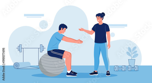 Personal trainer guiding client on exercise ball in gym, fitness and rehabilitation concept