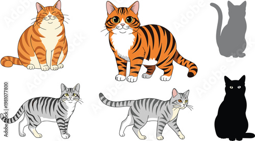 Domestic Cat Vector Collection Featuring Ginger Tabby, Grey Striped Cats, and Feline Silhouettes for Pet Care and Animal Lover Designs