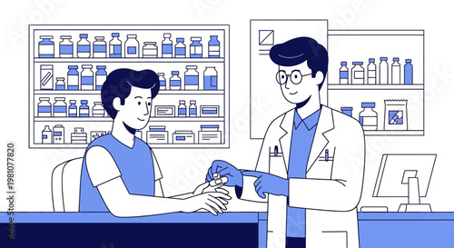 Pharmacist Applying Bandage to Patient's Hand in Pharmacy