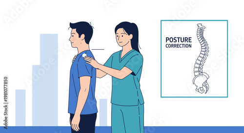 Physical Therapist Adjusts Patient's Posture, Spine Correction Illustration