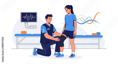 Physical Therapist Adjusts Knee Brace on Patient After Injury in Modern Clinic