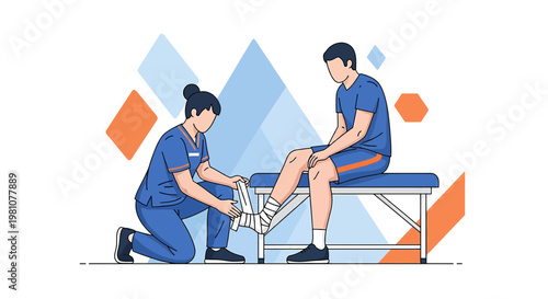 Physical Therapist Applying Bandage to Athlete's Injured Ankle on Examination Table