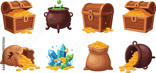 Fantasy Game Treasure Vector Set with Wooden Chests, Gold Coins, Magic Potion Cauldron, Gemstones, and Money Sacks for RPG Quest UI Designs