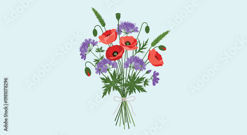 Vibrant wildflower bouquet featuring red poppies, blue cornflowers, and purple blossoms tied with a white string on a light blue backdrop.