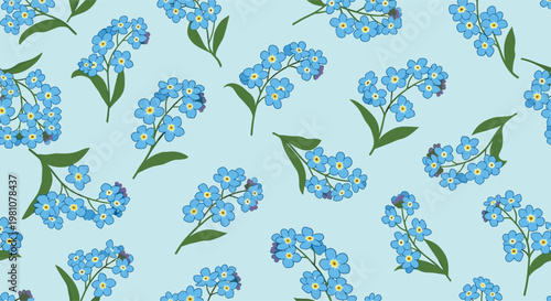 Charming seamless pattern of blue forget-me-not flowers and green leaves arranged on a light blue background for baby nursery textiles.