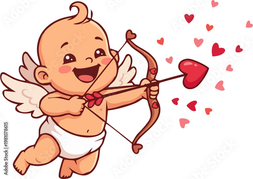 A cute cartoon cupid angel boy with wings holding a bow and arrow and a heart symbol of love