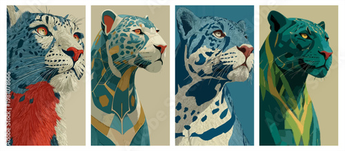 Four artistic portraits of colorful majestic big cats side profile
