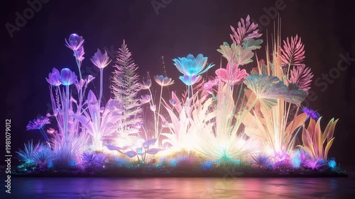 Futuristic neon bioluminescent plant garden display dark studio ultra-detailed fantasy flowers and foliage vibrant lighting