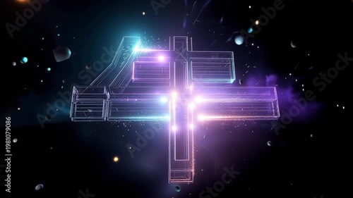 Futuristic neon holographic cross shape structure dark background digital art glowing energy cinematic viewpoint ultra detailed concept