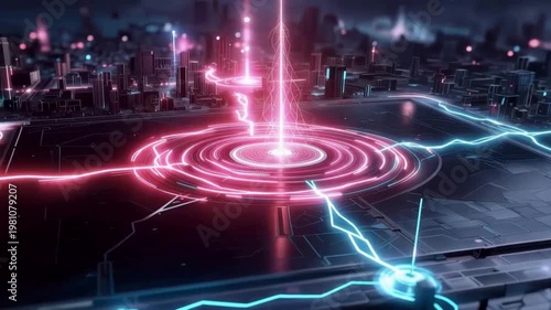 Gen futuristic skyline energy network visualization urban cityscape digital art neon lights aerial view modern technology concept