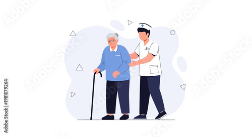 Nurse Assisting Elderly Man with Cane, Healthcare Support, Senior Care