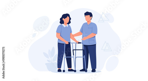 Nurse helping elderly woman with walker, rehabilitation and care concept