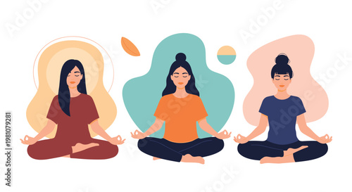 Group of three diverse women sit in a lotus position practicing yoga and meditation for mental health and relaxation.