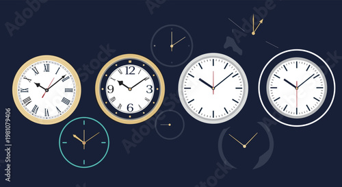 Compilation of various wall clocks and clock faces displaying different times and styles creates a busy collage about time.