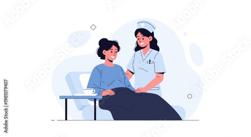 Nurse caring for patient in hospital bed, illustration