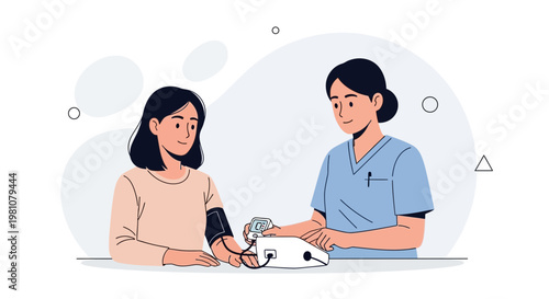 Nurse checking patient's blood pressure with digital monitor, healthcare concept illustration