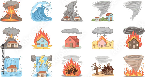 Natural Disaster Vector Icon Set Featuring Volcano Eruption Tsunami Earthquake Tornado Flood and House Fire Illustrations for Insurance Safety and Emergency Preparedness Designs