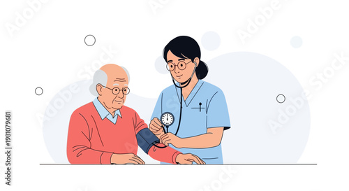 Doctor checks elderly man's blood pressure with stethoscope and sphygmomanometer
