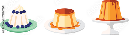 Illustration of Different Puddings and Desserts Including Caramel Flan and Sweet Treats for Culinary and Food Designs