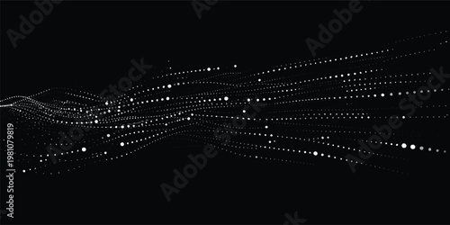 Abstract Flowing Particle Stream with Dotted Data Lines, Futuristic Digital Wave of Moving Points on Dark Background, Big Data Visualization with Copy Space