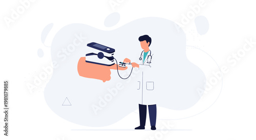 Doctor using pulse oximeter on patient's finger, medical checkup illustration