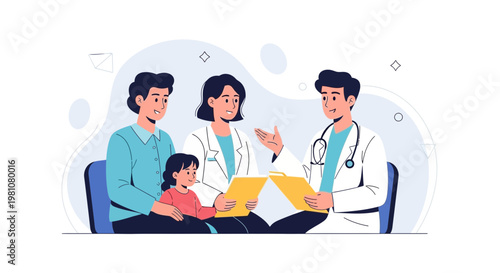 Doctor Consultation: Family with Child Discussing Health with Medical Professionals