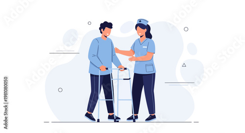 Nurse assisting patient with walker, rehabilitation and recovery concept
