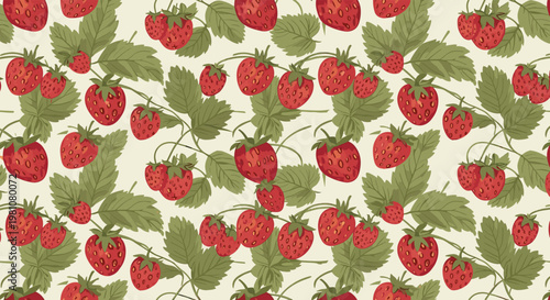 Lush and vibrant pattern features ripe red strawberries hanging from green vines with leaves on a light cream background.