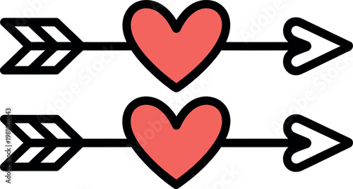 Two red hearts pierced by arrows in a graphic illustration
