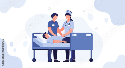 Nurses caring for patient in hospital bed, medical team, healthcare concept