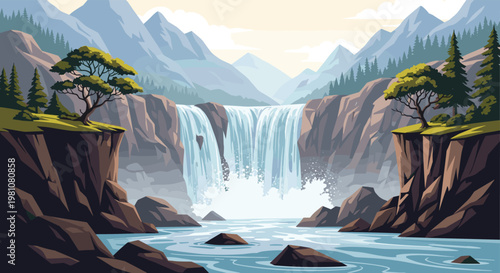 Breathtaking mountain landscape features a powerful wide waterfall cascading into a blue river surrounded by rocks and pine trees.