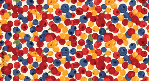 Vibrant berry pattern showcases a variety of colorful fruits including blueberries and cranberries scattered on a light surface.