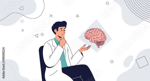 Doctor studying human brain hologram, medical research, neuroscience concept