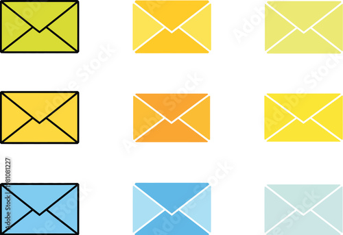 Colorful Envelope Icon Set in Shades of Yellow and Blue, Modern Flat Mail Symbols, Email Communication Concept, Messaging Icons for UI Design, Apps, and Web InterfacesColorful Envelope Icon Set in Sha