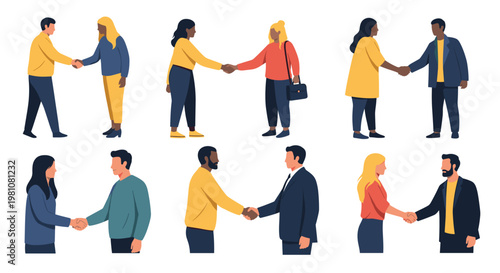 Diverse groups of people shaking hands are depicted in a minimalist style representing business agreements and partnerships.
