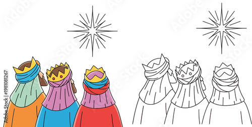 Three Wise Men looking at the Star of Bethlehem, color illustration and black and white line art coloring page.
