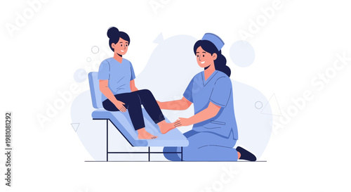Doctor examining patient's foot on examination table, medical check-up illustration