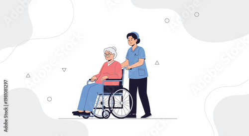 Nurse pushing elderly woman in wheelchair, healthcare, medical assistance, caring for seniors