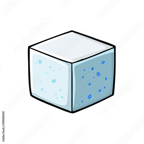 Cartoon illustration of a single white sugar cube with small blue dots scattered across its surface