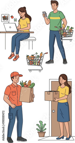 Shoppers and delivery workers interact with modern grocery delivery services.